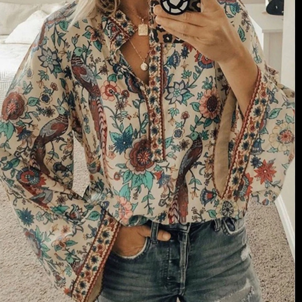 MISSLOOK Boho Peacock Print Floral Top Bell Sleeves Size Large